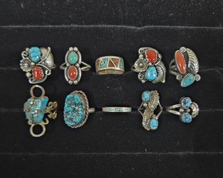 Assorted Sterling Silver & Turquoise Rings Group