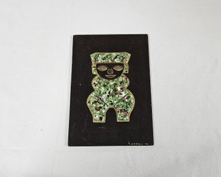 Vintage Venezuelan Pre-Columbian Female Figure Enamel On Copper Wall Art Wood Plaque Signed Karran 74