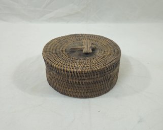 Vintage Lombok Lidded Round Basket With Carved Dragonfly
