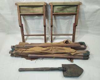 Vintage Military Surplus/Camping Folding Wood Cot, Stools, And Shovel Group