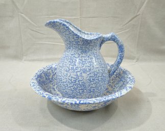 Vintage McCoy Art Pottery Blue & White Spongeware Pitcher & Bowl Basin Set