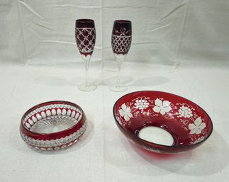 Assorted Vintage Ruby Cut To Clear Overlay Cut Glass Articles Group