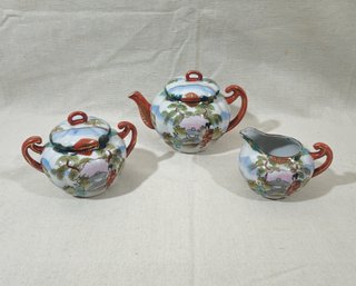 Antique Takito Hand Painted Geisha Scene Ceramic Teapot, Sugar, & Creamer