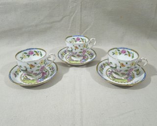 Vintage Royal Grafton Peacock & Flowers Bone China Teacup & Saucer Sets Group