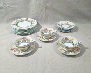 Assorted Vintage Wedgwood Prairie Flowers Bone China Teacups, Saucers, & Snack Plates Group
