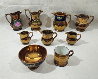 Assorted Antique Copper Lustreware Pitchers, Creamers, And Other Articles Group