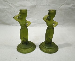 Vintage Pair Of Fostoria Rebecca At The Well Green Glass Candlesticks