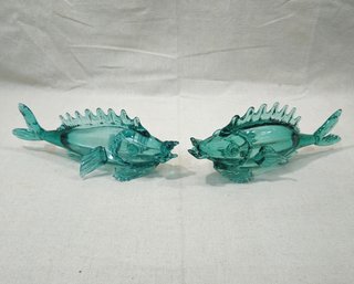 Vintage Japanese Modernist Handblown Fish Aqua/Teal Glass Sculptures