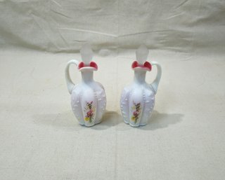 Vintage Pair Of Fenton For LG Wright Moss Rose Satin Peachblow Glass Cruets