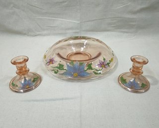 Vintage Depression Hand Painted Pink Glass Console Bowl & Candlesticks Group