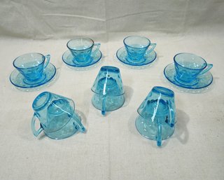 Vintage Hazel Atlas Dot Blue Glass Teacups & Saucers Group