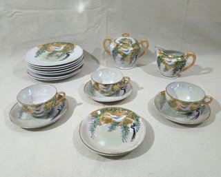 Assorted Made In Japan Hand Painted Flying Goose Lustreware Sugar, Creamer, Teacups, Saucers, & Snack Plates