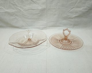 Vintage Depression Pink Glass Mayfair Open Rose Handled Snack Plate & A Lancaster Petal Pink Footed Bowl Group