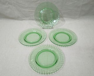 Vintage Depression Duncan & Miller Spiral Flutes Green Vaseline Glass Luncheon/Salad Plates (UV Reactive)