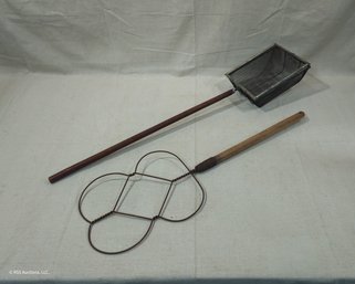 Antique Primitive Wood Handle Batwing Rug Beater & Wire Mesh Chestnut Roaster/Popcorn Basket