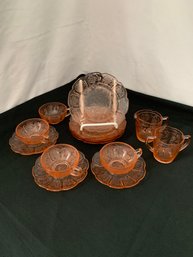 Jeannette Glass Pink Cherry Blossom Childs Tea Set 13 Pieces