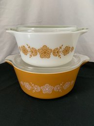 Pyrex Butterfly Gold 474/475 Round Casseroles W/lids