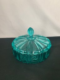 AH Fire King Aquamarine 6 3/4' Candy Dish W/cover