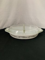 Pyrex Promotional Black Scroll Oval Divided Dish W/lid