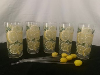 Vintage Culver Glasses Lemon Design W/glass Stirrers ~11 Pieces