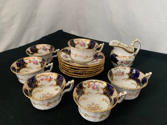 Antique Coalport Panel Colbalt Demitasse Cups & Saucers With Creamer Set