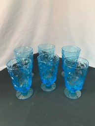 Set Of ~6 Seneca Glass Driftwood Series Footed Peacock Blue Goblets
