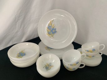 Fire King 'Forget Me Not' Pattern Dinnerware 4 Place Settings ~20 Pieces