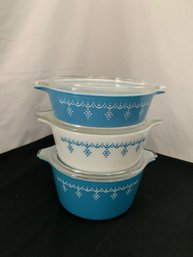 Pyrex Snowflake Blue Round Casserole Set ~6 Pieces