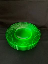 Set Of 5 Vaseline Glass Etched Plates UV Glow