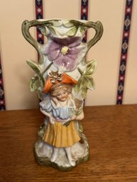 Antique Early 1900s Figural Porcelain Vase With Girl & Pansy Flowers  Mold 3976