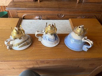 Set Of 3 Signed TS Beige Pottery Oil Lamps