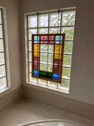 Vintage Stained Glass Architectural Window Panel In Wood Frame