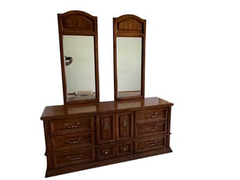Vintage Oak Triple Dresser With Dual Mirrors
