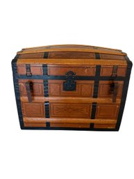 Vintage Dome-Top Steamer Trunk With Embossed Panels & Metal Strapwork