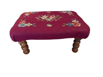 Vintage Floral Needlepoint Footstool With Turned Wood Legs