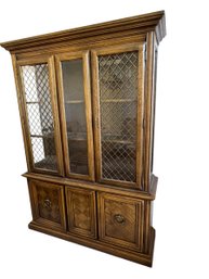 Vintage Broyhill Oak China Cabinet Featuring Leaded Glass Lighted Display Hutch