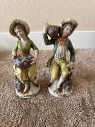 Vintage Hand-Painted Porcelain Harvest Couple Figurine Set  Boy & Girl With Grapes, Country Cottage Dcor
