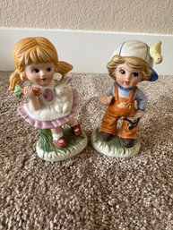 Vintage Hand-Painted Ceramic Boy & Girl Figurine Set  Bunny, Chick & Spring Garden Dcor