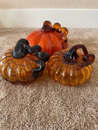 Set Of 3 Hand-Blown Art Glass Pumpkins  Amber & Orange Swirl Harvest / Halloween Dcor