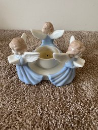 Vintage Ceramic Three Angel Tealight Candle Holder  Blue & White Angels Centerpiece, Religious Home Dcor