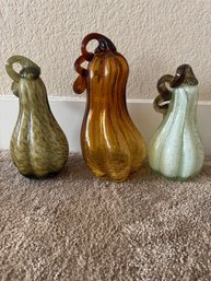 Set Of 3 Hand-Blown Art Glass Gourds  Amber, Sage Green & Ivory Harvest / Fall Dcor