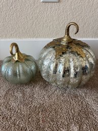 Set Of 2 Decorative Glass Pumpkins  Mercury Glass & Sage Green Harvest / Fall Tabletop Dcor