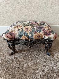 Vintage Ornate Floral Upholstered Footstool  Decorative Vanity Stool With Cast Metal Base