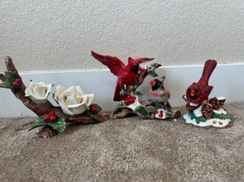 Lot Of 3 Cardinal Holiday Dcor Pieces  Porcelain Cardinal Figurines & Floral Winter Display