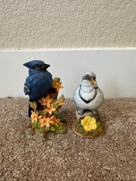 Set Of 2 Blue Jay Bird Figurines  Decorative Songbirds On Floral Bases, Nature Home Dcor