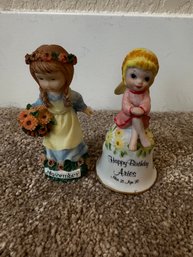 Lot Of 2 Vintage Girl Figurines  November Flower Girl & Aries Birthday Bell Collectibles