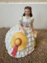 Vintage Southern Belle Lady Figurine  Victorian Style Woman With Yellow Hat & White Ruffled Dress