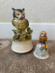 Vintage Owl Music Box & Owl Bell Set – Woodland Bird Collectibles, Nature Home Décor