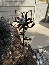 Metal Flower Garden Stake With Crackle Glass Gazing Ball  Rustic Yard Art