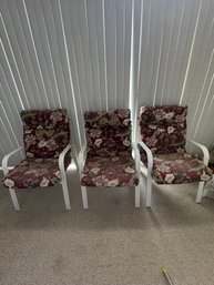 Set Of 3 White Patio Armchairs With Burgundy Floral Cushions
